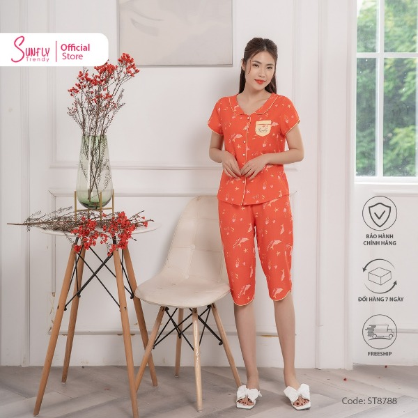 Bộ Đồ Mặc Nhà Nữ Pijamas Linen SUNFLY Áo Cộc Tay, Quần Ngố đỏ Bộ Đồ Mặc Nhà Nữ Pijamas Linen SUNFLY Áo Cộc Tay, Quần Ngố đỏ
