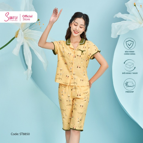 Bộ Đồ Mặc Nhà Nữ Pijamas Linen Sunfly Áo Cộc, Quần Ngố vàng Bộ Đồ Mặc Nhà Nữ Pijamas Linen Sunfly Áo Cộc, Quần Ngố vàng