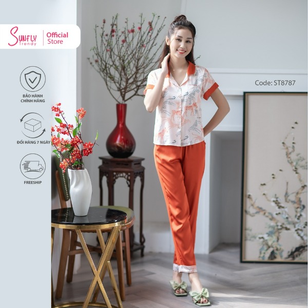 Bộ Đồ Mặc Nhà Nữ Pijamas Lụa Sunfly Áo Cộc - Quần Dài Cam Bộ Đồ Mặc Nhà Nữ Pijamas Lụa Sunfly Áo Cộc - Quần Dài Cam