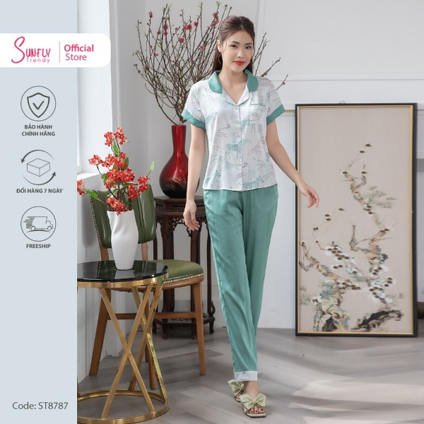 Bộ Đồ Mặc Nhà Nữ Pijamas Lụa Sunfly Áo Cộc - Quần Dài Xanh lá Bộ Đồ Mặc Nhà Nữ Pijamas Lụa Sunfly Áo Cộc - Quần Dài Xanh lá