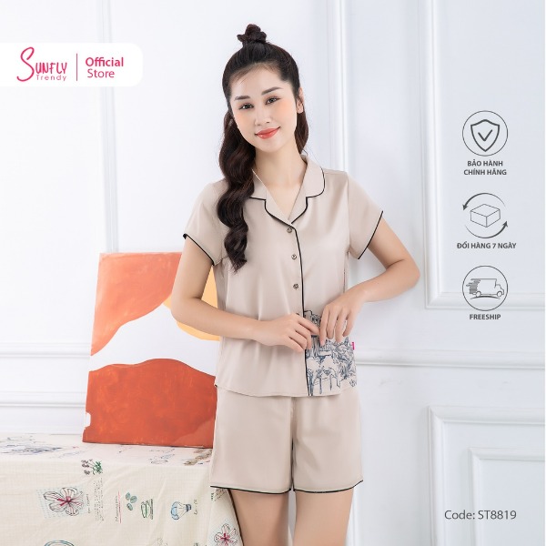 Bộ Đồ Mặc Nhà Nữ Pijamas Lụa Sunfly Áo Cộc Quần Sooc Be Bộ Đồ Mặc Nhà Nữ Pijamas Lụa Sunfly Áo Cộc Quần Sooc Be