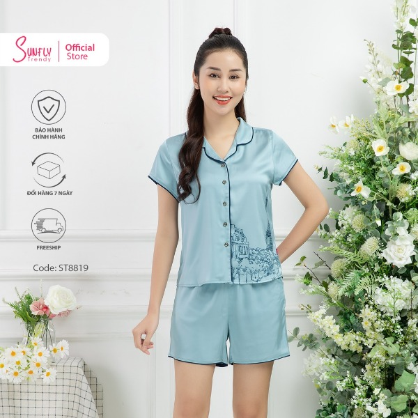Bộ Đồ Mặc Nhà Nữ Pijamas Lụa Sunfly Áo Cộc Quần Sooc Xanh Bộ Đồ Mặc Nhà Nữ Pijamas Lụa Sunfly Áo Cộc Quần Sooc Xanh