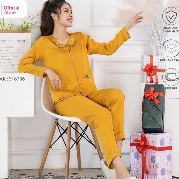 Bộ Đồ Mặc Nhà Nữ Pijamas Lụa Sunfly Áo Dài Quần Dài Vàng Bộ Đồ Mặc Nhà Nữ Pijamas Lụa Sunfly Áo Dài Quần Dài Vàng