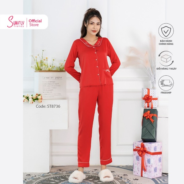 Bộ Đồ Mặc Nhà Nữ Pijamas Lụa Sunfly Áo Dài Quần Dài Đỏ Bộ Đồ Mặc Nhà Nữ Pijamas Lụa Sunfly Áo Dài Quần Dài Đỏ