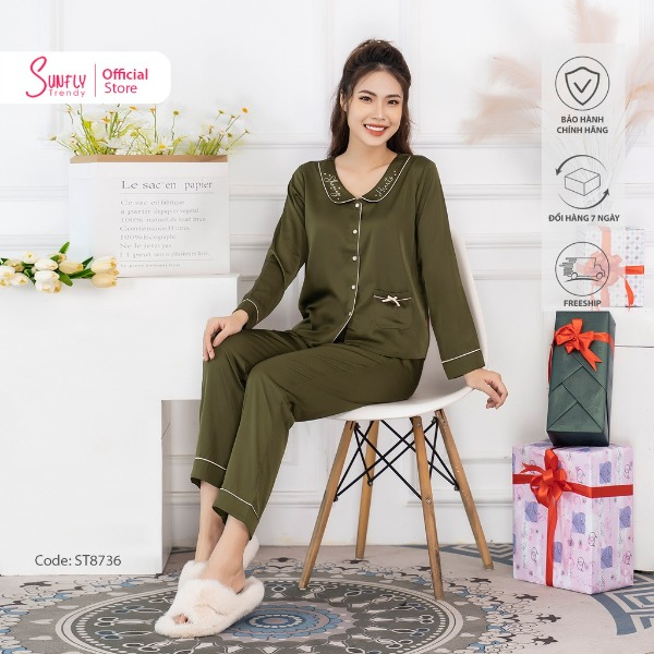 Bộ Đồ Mặc Nhà Nữ Pijamas Lụa Sunfly Áo Dài Quần Dài Xanh Rêu Bộ Đồ Mặc Nhà Nữ Pijamas Lụa Sunfly Áo Dài Quần Dài Xanh Rêu