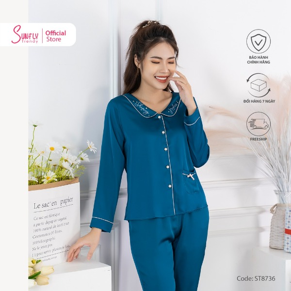 Bộ Đồ Mặc Nhà Nữ Pijamas Lụa Sunfly Áo Dài Quần Dài Xanh cổ vịt Bộ Đồ Mặc Nhà Nữ Pijamas Lụa Sunfly Áo Dài Quần Dài Xanh cổ vịt