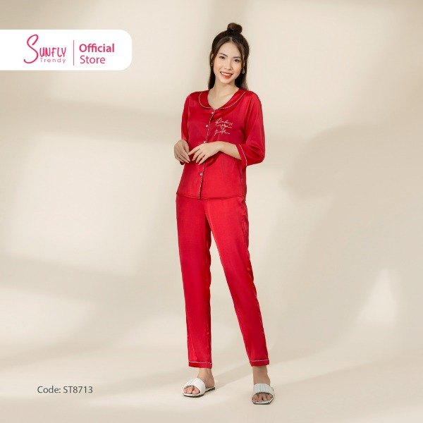 Bộ Đồ Mặc Nhà Nữ Pijamas Sunfly Lụa Áo Tay Lỡ - Quần Dài Đỏ Bộ Đồ Mặc Nhà Nữ Pijamas Sunfly Lụa Áo Tay Lỡ - Quần Dài Đỏ