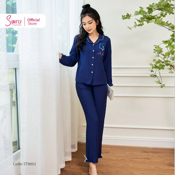 Bộ Đồ Mặc Nhà Nữ Pyjamas Linen SUNFLY Áo Tay Dài Quần Dài Xanh tím than Bộ Đồ Mặc Nhà Nữ Pyjamas Linen SUNFLY Áo Tay Dài Quần Dài Xanh tím than