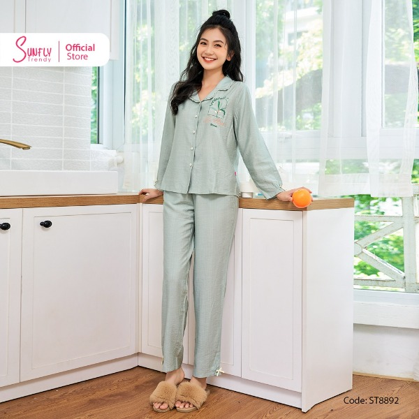 Bộ Đồ Mặc Nhà Nữ Pyjamas Linen SUNFLY Áo Tay Dài Quần Dài Vỏ Đậu Bộ Đồ Mặc Nhà Nữ Pyjamas Linen SUNFLY Áo Tay Dài Quần Dài Vỏ Đậu