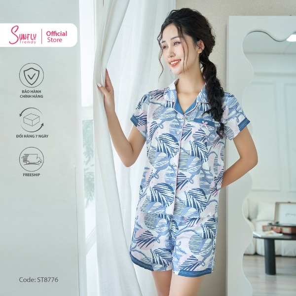 Bộ Đồ Mặc Nhà Nữ Pyjamas Lụa SUNFLY Áo Cộc Quần Sooc Xanh Bộ Đồ Mặc Nhà Nữ Pyjamas Lụa SUNFLY Áo Cộc Quần Sooc Xanh