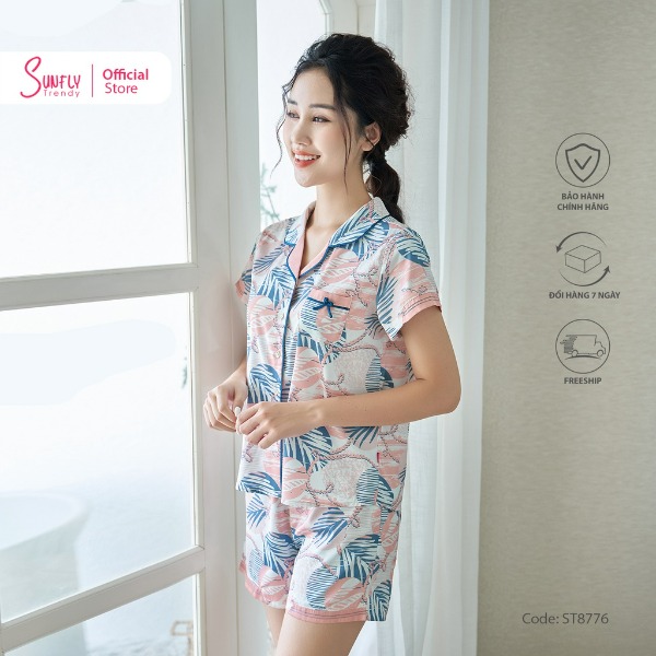 Bộ Đồ Mặc Nhà Nữ Pyjamas Lụa SUNFLY Áo Cộc Quần Sooc Bộ Đồ Mặc Nhà Nữ Pyjamas Lụa SUNFLY Áo Cộc Quần Sooc