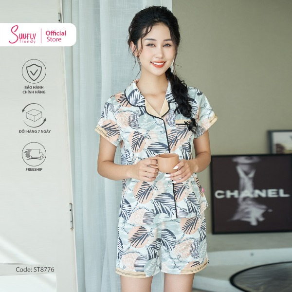 Bộ Đồ Mặc Nhà Nữ Pyjamas Lụa SUNFLY Áo Cộc Quần Sooc Oải Hương Bộ Đồ Mặc Nhà Nữ Pyjamas Lụa SUNFLY Áo Cộc Quần Sooc Oải Hương