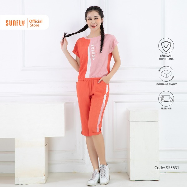 Bộ đồ mặc nhà nữ thể thao linen SUNFLY áo cộc quần ngố cam đậm Bộ đồ mặc nhà nữ thể thao linen SUNFLY áo cộc quần ngố cam đậm