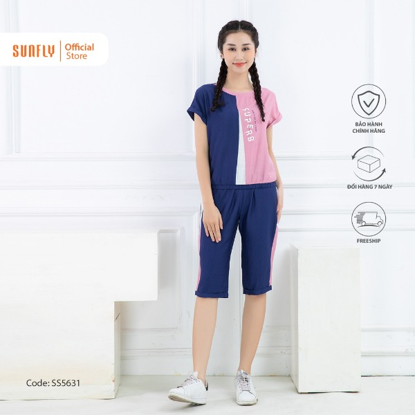 Bộ đồ mặc nhà nữ thể thao linen SUNFLY áo cộc quần ngố xanh tím than Bộ đồ mặc nhà nữ thể thao linen SUNFLY áo cộc quần ngố xanh tím than