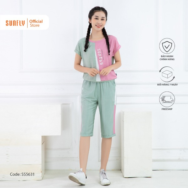 Bộ đồ mặc nhà nữ thể thao linen SUNFLY áo cộc quần ngố vỏ đậu Bộ đồ mặc nhà nữ thể thao linen SUNFLY áo cộc quần ngố vỏ đậu