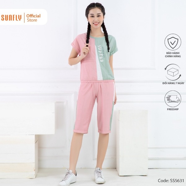 Bộ đồ mặc nhà nữ thể thao linen SUNFLY áo cộc quần ngố hồng nhạt Bộ đồ mặc nhà nữ thể thao linen SUNFLY áo cộc quần ngố hồng nhạt