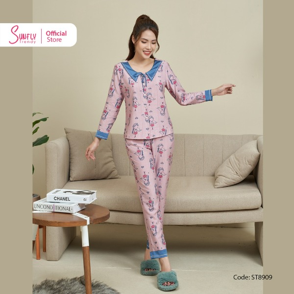 Bộ Đồ Mặc Nhà Pyjamas Linen SUNFLY Áo Tay Dài Quần Dài hồng tím Bộ Đồ Mặc Nhà Pyjamas Linen SUNFLY Áo Tay Dài Quần Dài hồng tím