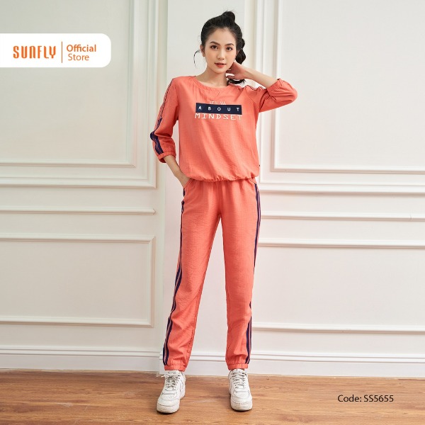 Bộ Đồ Nữ Mặc Nhà Thể Thao Linen Sunfly Áo Tay Lỡ Quần Dài Cam Bộ Đồ Nữ Mặc Nhà Thể Thao Linen Sunfly Áo Tay Lỡ Quần Dài Cam