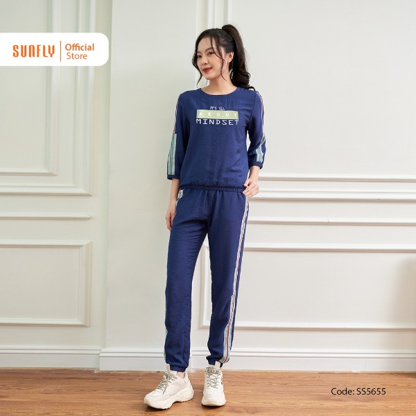 Bộ Đồ Nữ Mặc Nhà Thể Thao Linen Sunfly Áo Tay Lỡ Quần Dài Xanh Tím Bộ Đồ Nữ Mặc Nhà Thể Thao Linen Sunfly Áo Tay Lỡ Quần Dài Xanh Tím