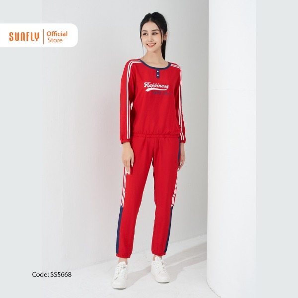 Bộ Thể Thao Linen SUNFLY Áo Tay Dài Quần Dài đỏ Bộ Thể Thao Linen SUNFLY Áo Tay Dài Quần Dài đỏ