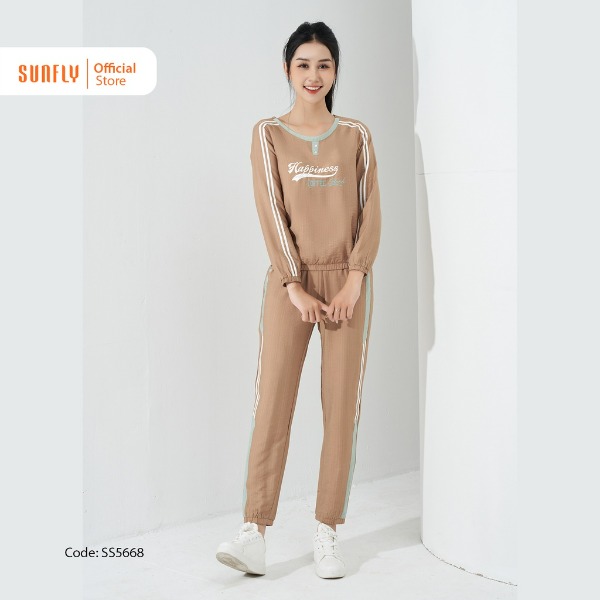 Bộ Thể Thao Linen SUNFLY Áo Tay Dài Quần Dài nâu sữa Bộ Thể Thao Linen SUNFLY Áo Tay Dài Quần Dài nâu sữa
