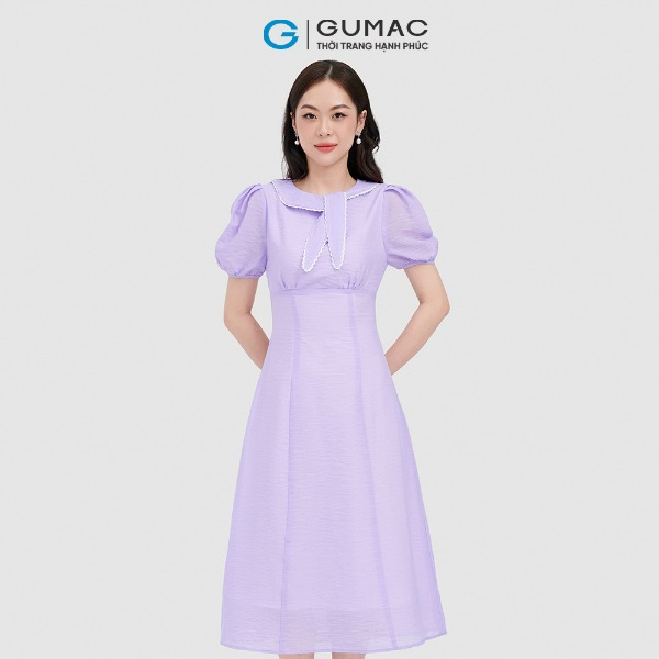 Đầm cổ nơ viền ren thời trang GUMAC-tím Đầm cổ nơ viền ren thời trang GUMAC-tím
