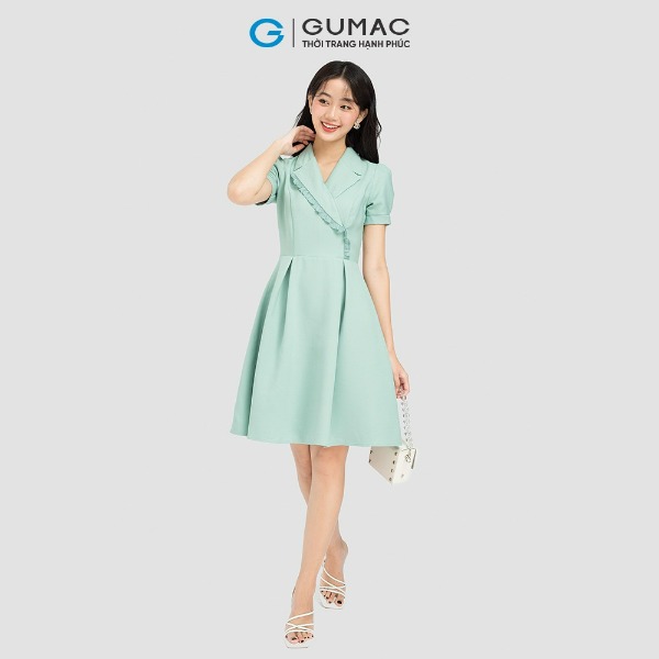 Đầm cổ vest phối bèo thời trang GUMAC xanh Đầm cổ vest phối bèo thời trang GUMAC xanh