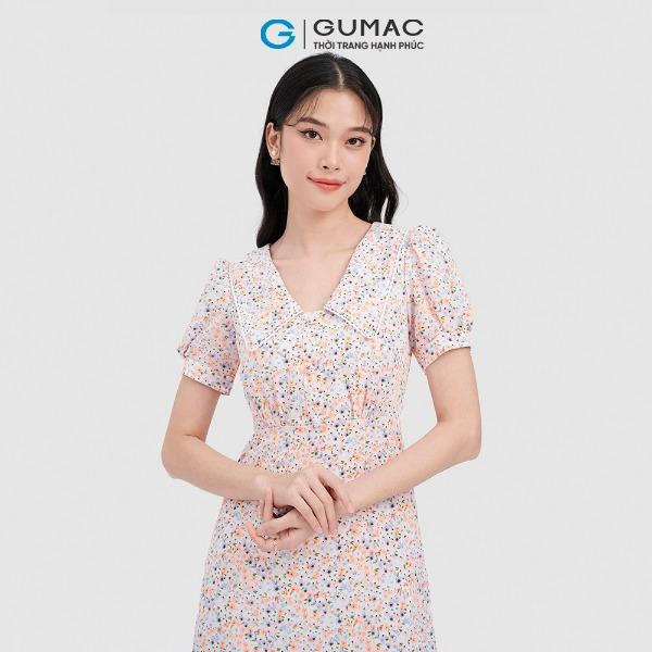Đầm hoa nhí GUMAC cổ V phối viền đăng ten Đầm hoa nhí GUMAC cổ V phối viền đăng ten