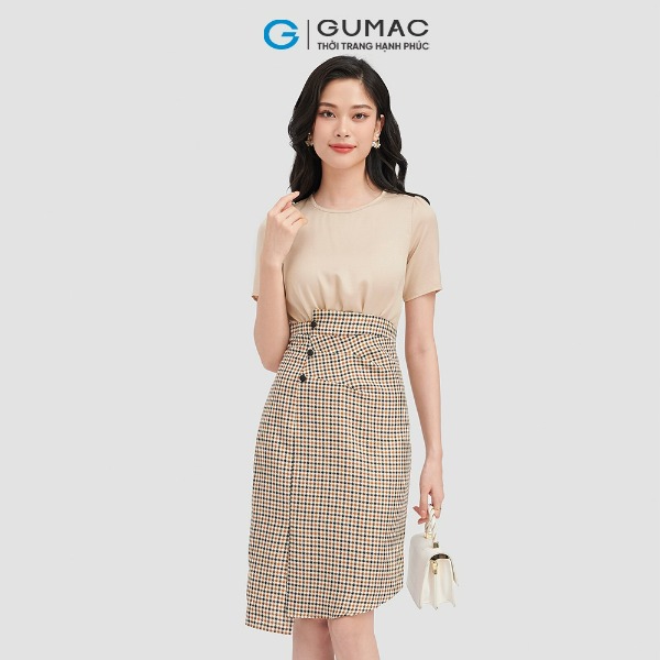 Đầm ôm body nữ sọc caro GUMAC phối lụa thời trang be Đầm ôm body nữ sọc caro GUMAC phối lụa thời trang be