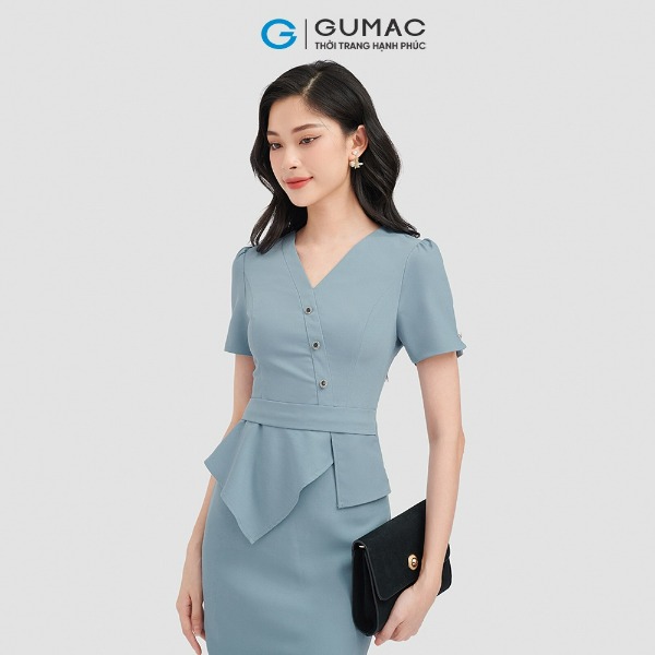 Đầm peplum đính nút GUMAC vải kaki thun 1 lớp cổ gắn tay ngắn màu xanh Đầm peplum đính nút GUMAC vải kaki thun 1 lớp cổ gắn tay ngắn màu xanh
