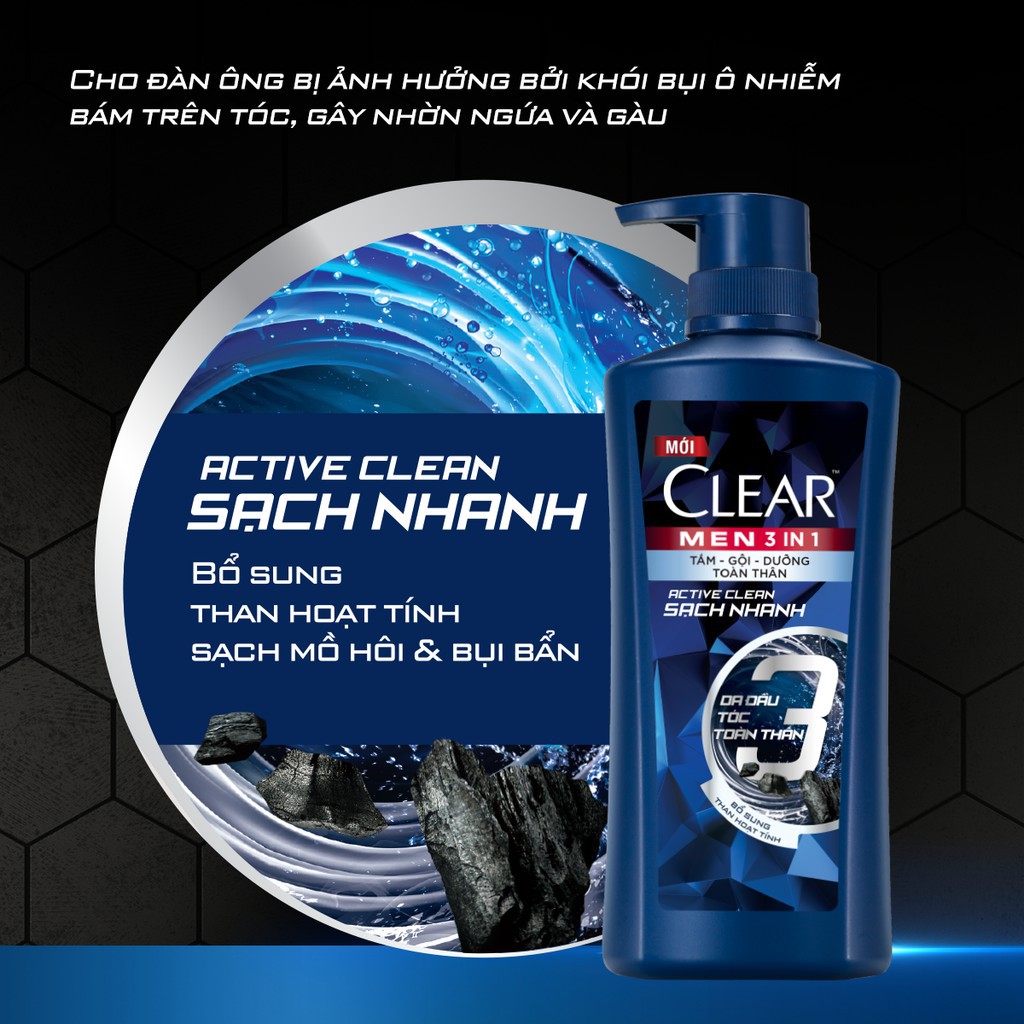 Dầu tắm - gội - dưỡng Clear Men 3 Trong 1 Active Clean Sạch Nhanh Dầu tắm - gội - dưỡng Clear Men 3 Trong 1 Active Clean Sạch Nhanh