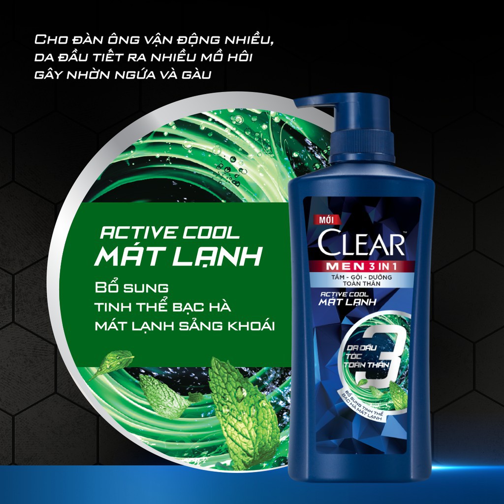 Dầu tắm - gội - dưỡng Clear Men 3 Trong 1 Active Cool Mát Lạnh Dầu tắm - gội - dưỡng Clear Men 3 Trong 1 Active Cool Mát Lạnh