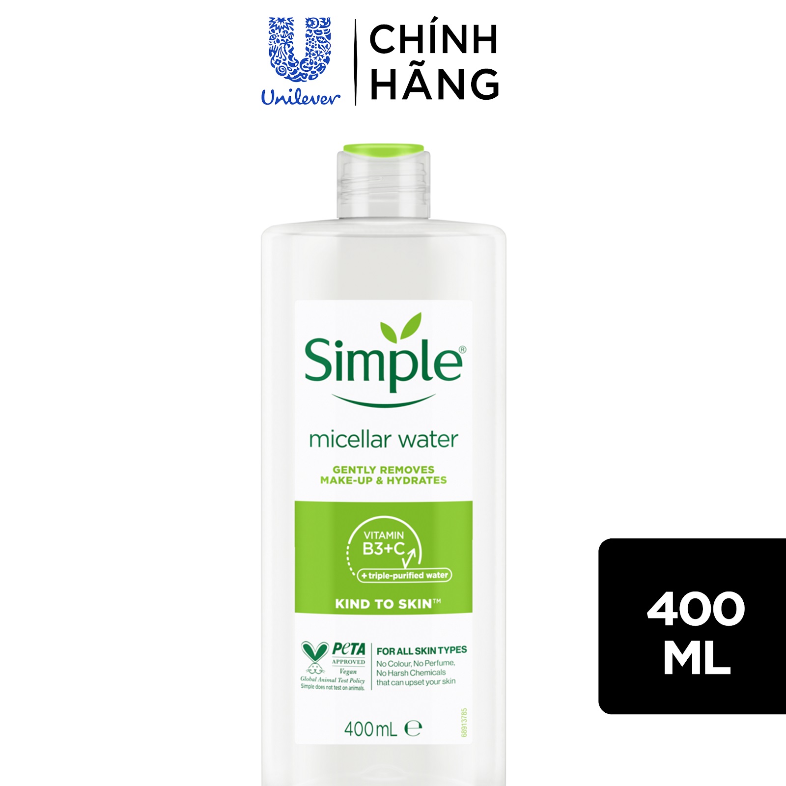 Nước tẩy trang Simple Micellar làm sạch 99% trang điểm - cho da thoáng mịn tức thì 400ml Nước tẩy trang Simple Micellar làm sạch 99% trang điểm - cho da thoáng mịn tức thì 400ml
