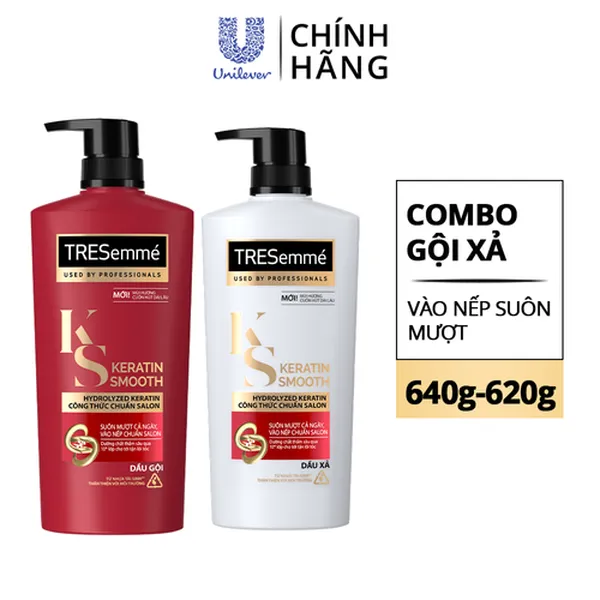 Combo Dầu Gội, Dầu Xả TRESEMME Keratin Smooth Dưỡng tóc khô xơ rối Công thức chuẩn salon Vào Nếp Suôn Mượt 640g, 620g