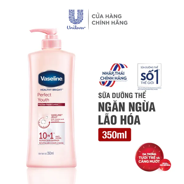 Sữa Dưỡng Thể Dưỡng Ẩm Vaseline 350ml Sáng Da Perfect Youth Phức Hợp Pro-Retinol Sinh Collagen & Aha Cải Thiện Nếp Nhăn