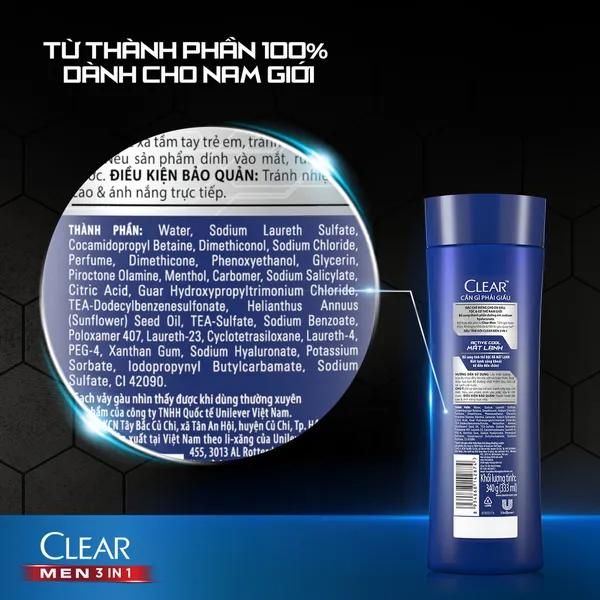 Dầu Tắm - Gội - Dưỡng Mát Lạnh 3 trong 1 cho nam Clear Men Active 630g