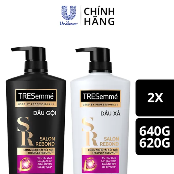 Combo Dầu Gội, Dầu Xả TRESEMME Salon Rebond Cho tóc hư tổn do tạo kiểu Công Nghệ Tái Kết Nối Giúp ngăn gãy rụng tóc 640g, 620g