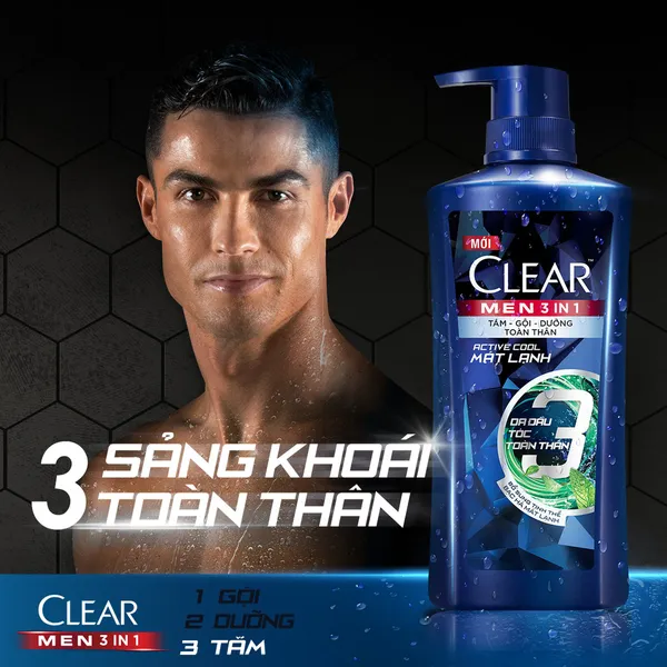 Dầu Tắm - Gội - Dưỡng Mát Lạnh 3 trong 1 cho nam Clear Men Active 630g