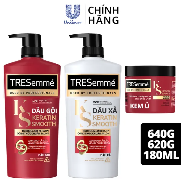 Combo Gội 640g, Xả 620g & Ủ 180ml TRESEMME Keratin Smooth với Dầu Dưỡng tóc Argan & Keratin