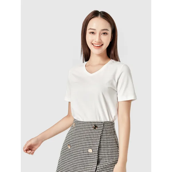 Áo phông nữ CANIFA cotton trơn cổ tim cộc tay kiểu dáng basic cơ bản