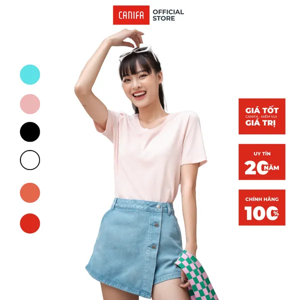 Áo phông nữ CANIFA cotton trơn cổ tim cộc tay kiểu dáng basic cơ bản