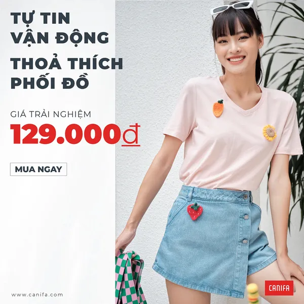 Áo phông nữ CANIFA cotton trơn cổ tim cộc tay kiểu dáng basic cơ bản