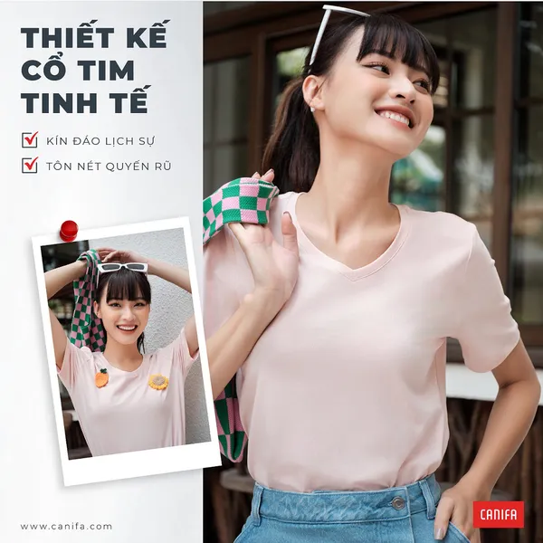 Áo phông nữ CANIFA cotton trơn cổ tim cộc tay kiểu dáng basic cơ bản