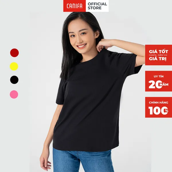 Áo phông nữ CANIFA trơn cổ tròn cộc tay chất liệu cotton dáng basic nhiều màu trắng đen xanh hồng đỏ cam