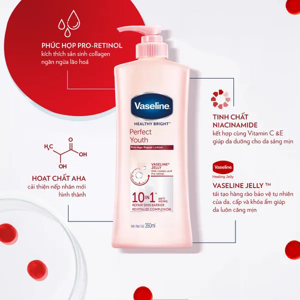 Sữa Dưỡng Thể Dưỡng Ẩm Vaseline 350ml Sáng Da Perfect Youth Phức Hợp Pro-Retinol Sinh Collagen & Aha Cải Thiện Nếp Nhăn