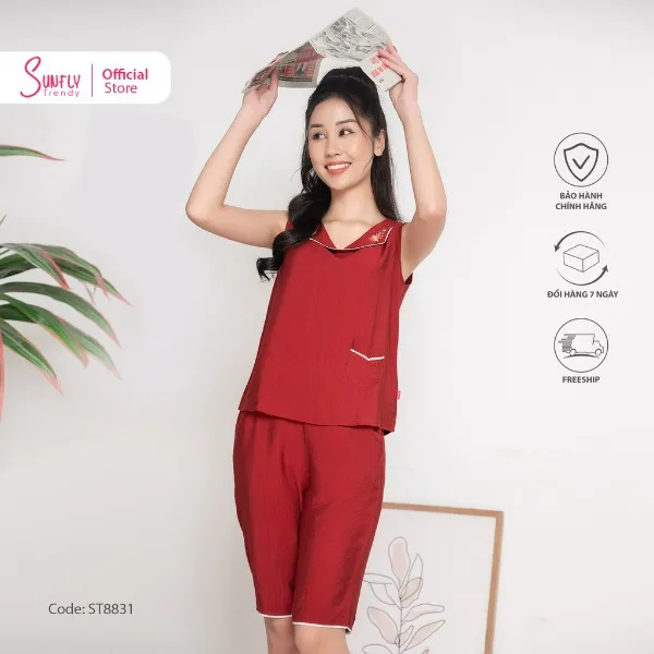 Bộ Đồ Mặc Nhà Nữ Linen Sunfly Áo Sát Nách Quần Trên Gối