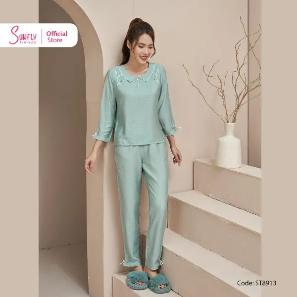 Bộ Đồ Mặc Nhà Nữ Linen SUNFLY Áo Tay Lỡ Quần Dài