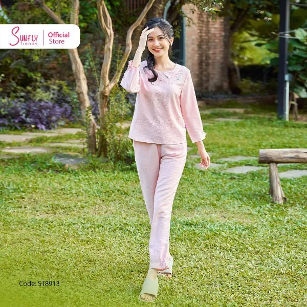 Bộ Đồ Mặc Nhà Nữ Linen SUNFLY Áo Tay Lỡ Quần Dài