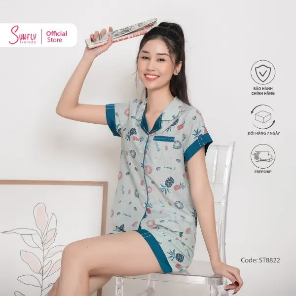 Bộ Đồ Mặc Nhà Nữ Pijamas Linen Sunfly Áo Cộc Quần Sooc