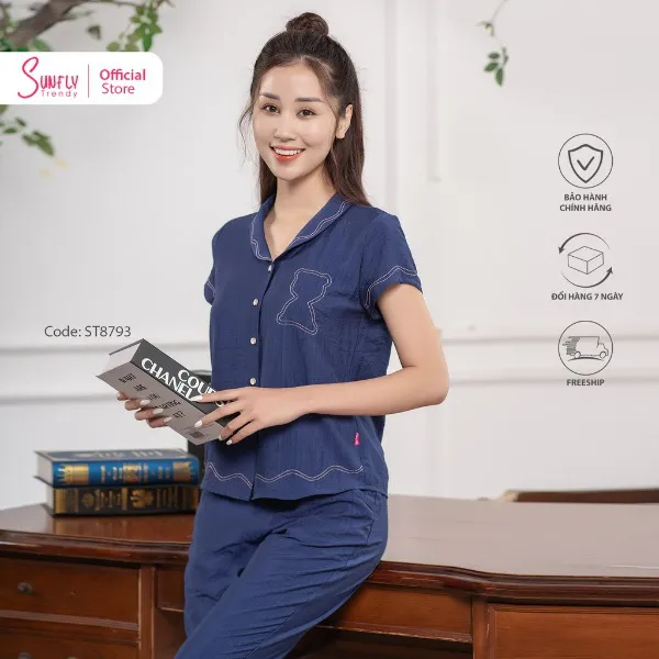 Bộ Đồ Mặc Nhà Nữ Pijamas Linen Sunfly Áo Cộc Quần Dài